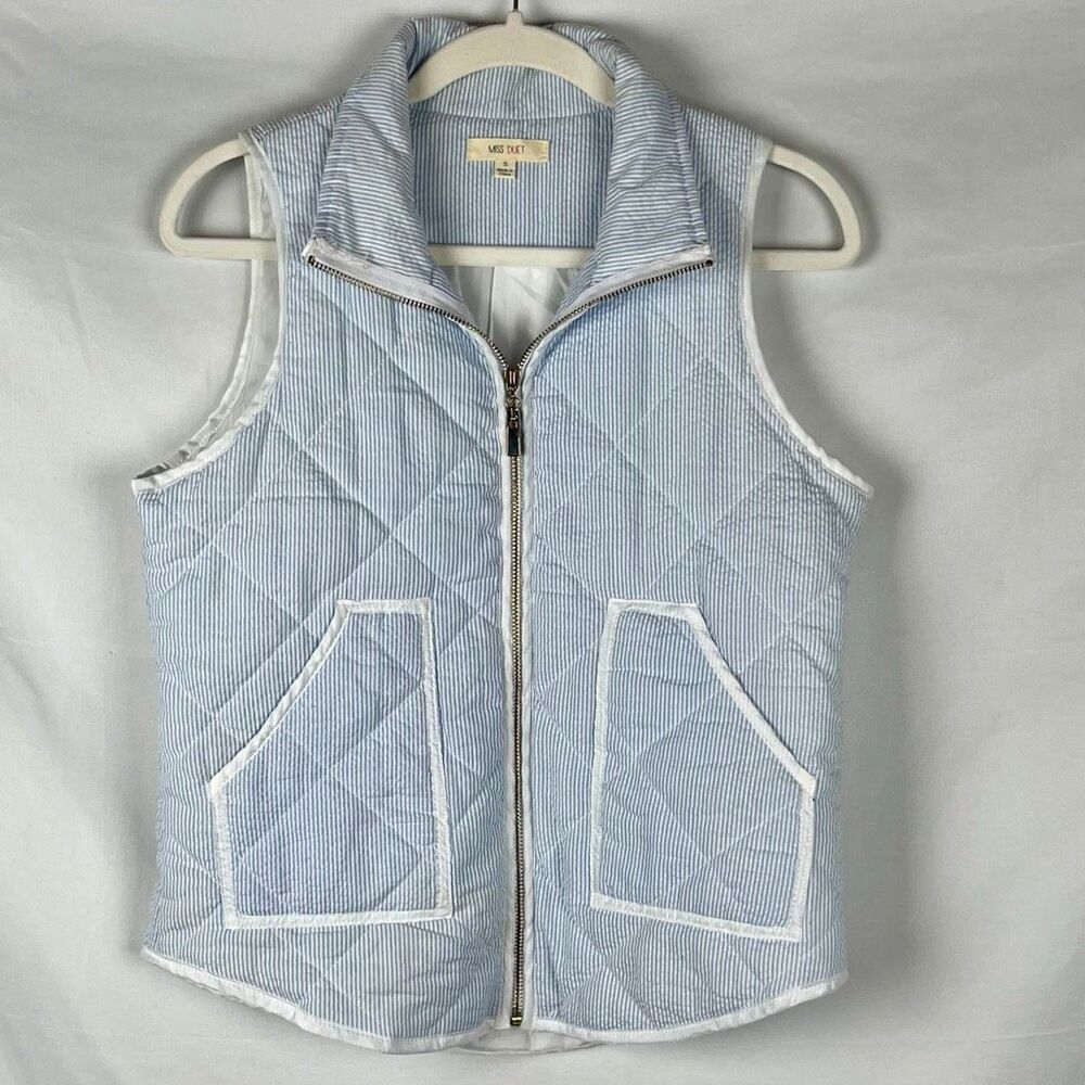 Miss Duet Seersucker Quilted Blue White Stripes Vest Small